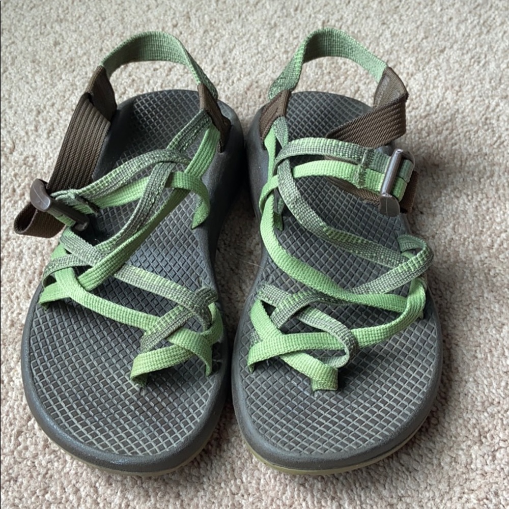 Brown and Green Chacos